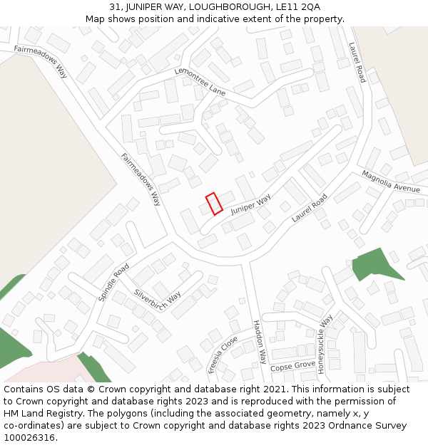 31, JUNIPER WAY, LOUGHBOROUGH, LE11 2QA: Location map and indicative extent of plot