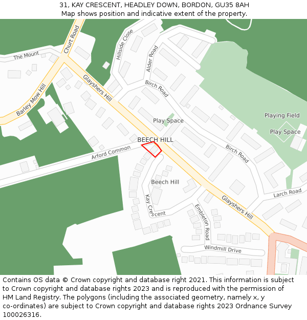 31, KAY CRESCENT, HEADLEY DOWN, BORDON, GU35 8AH: Location map and indicative extent of plot