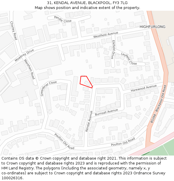 31, KENDAL AVENUE, BLACKPOOL, FY3 7LG: Location map and indicative extent of plot