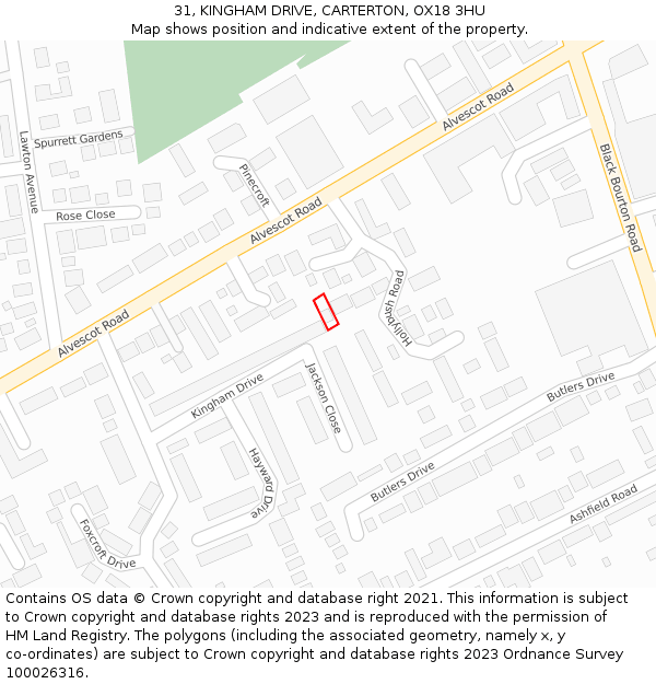 31, KINGHAM DRIVE, CARTERTON, OX18 3HU: Location map and indicative extent of plot