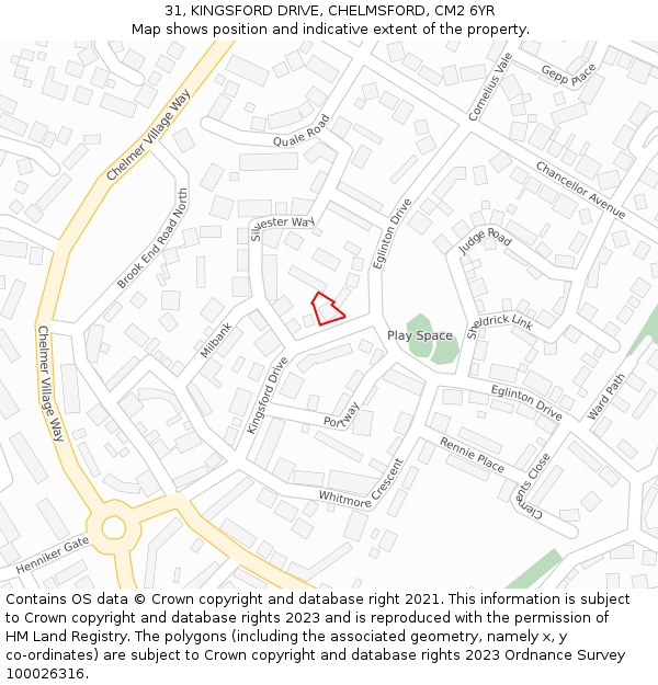 31, KINGSFORD DRIVE, CHELMSFORD, CM2 6YR: Location map and indicative extent of plot