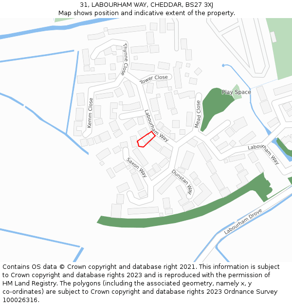 31, LABOURHAM WAY, CHEDDAR, BS27 3XJ: Location map and indicative extent of plot