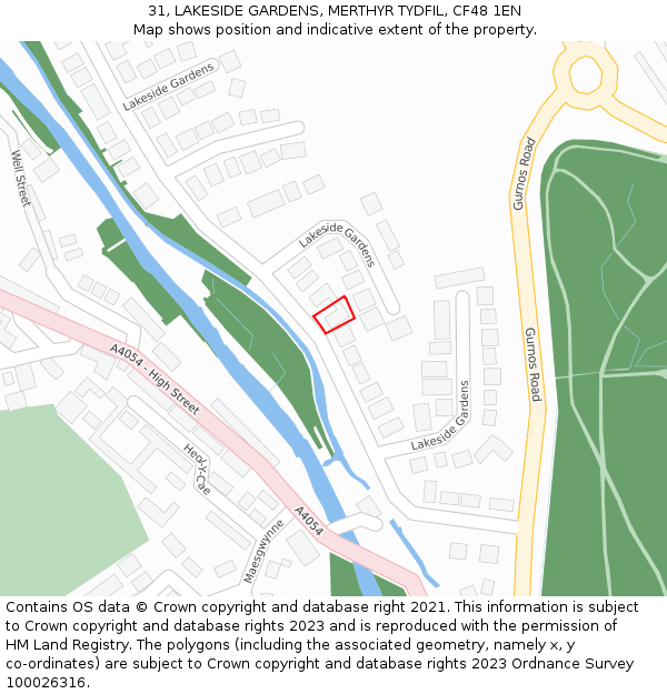 31, LAKESIDE GARDENS, MERTHYR TYDFIL, CF48 1EN: Location map and indicative extent of plot