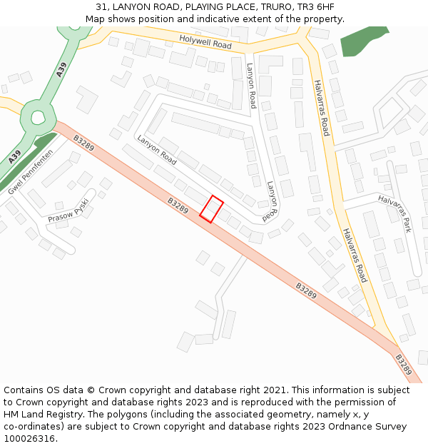 31, LANYON ROAD, PLAYING PLACE, TRURO, TR3 6HF: Location map and indicative extent of plot