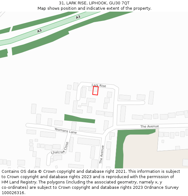 31, LARK RISE, LIPHOOK, GU30 7QT: Location map and indicative extent of plot