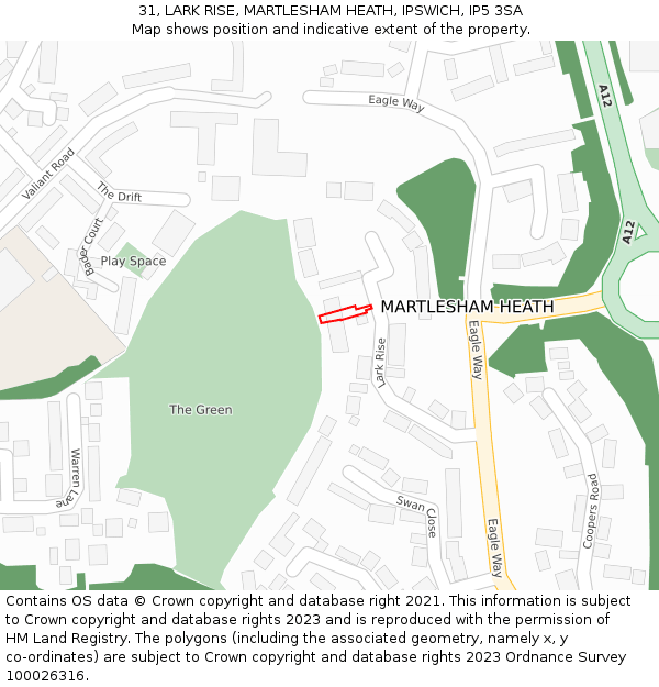 31, LARK RISE, MARTLESHAM HEATH, IPSWICH, IP5 3SA: Location map and indicative extent of plot