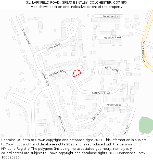 31, LARKFIELD ROAD, GREAT BENTLEY, COLCHESTER, CO7 8PX: Location map and indicative extent of plot