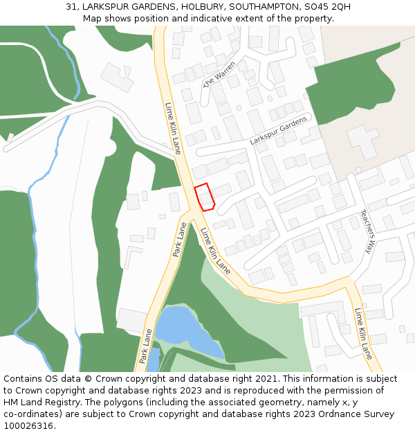 31, LARKSPUR GARDENS, HOLBURY, SOUTHAMPTON, SO45 2QH: Location map and indicative extent of plot