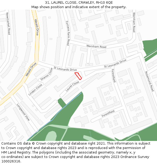 31, LAUREL CLOSE, CRAWLEY, RH10 6QE: Location map and indicative extent of plot