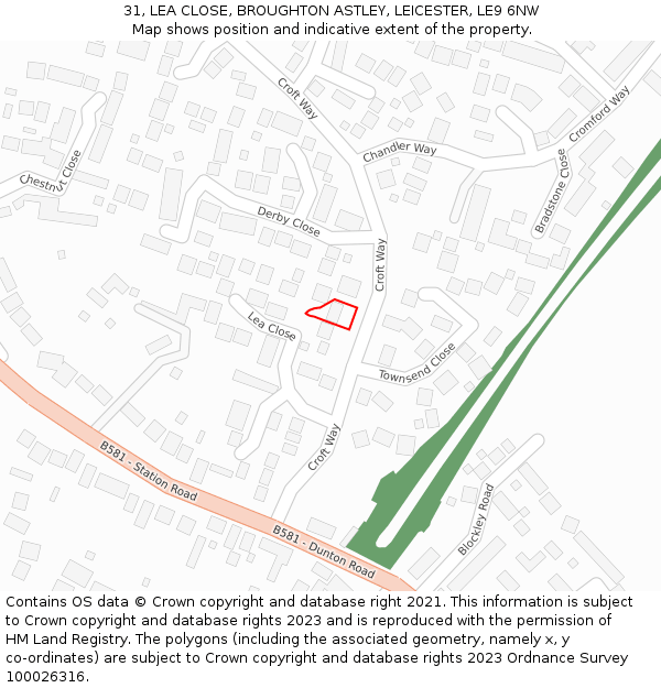 31, LEA CLOSE, BROUGHTON ASTLEY, LEICESTER, LE9 6NW: Location map and indicative extent of plot