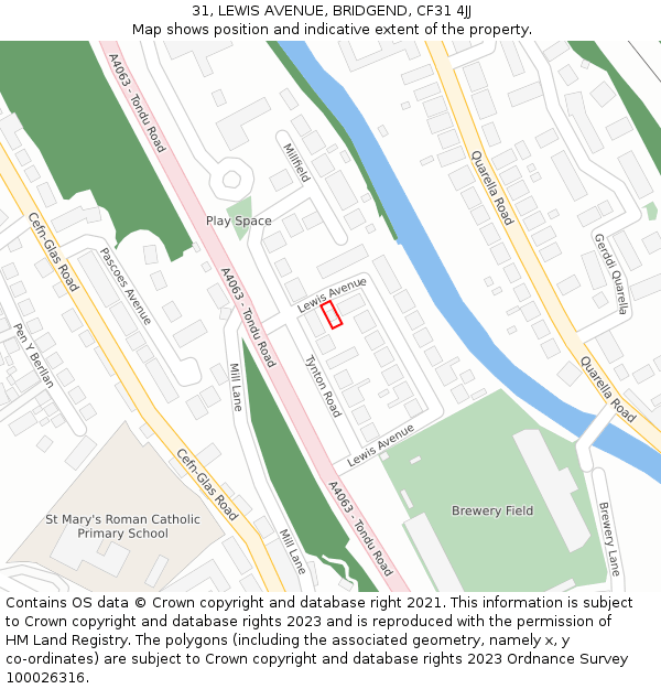 31, LEWIS AVENUE, BRIDGEND, CF31 4JJ: Location map and indicative extent of plot