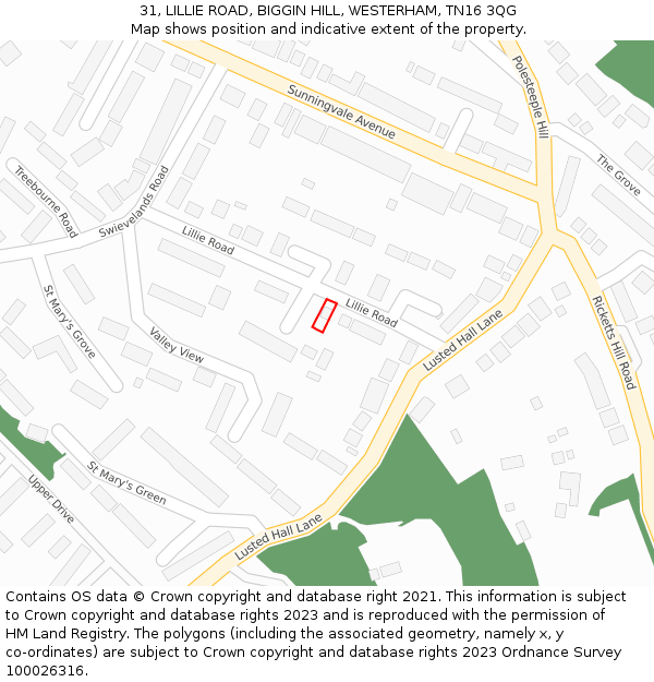 31, LILLIE ROAD, BIGGIN HILL, WESTERHAM, TN16 3QG: Location map and indicative extent of plot