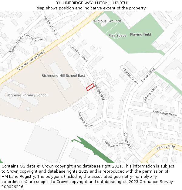 31, LINBRIDGE WAY, LUTON, LU2 9TU: Location map and indicative extent of plot