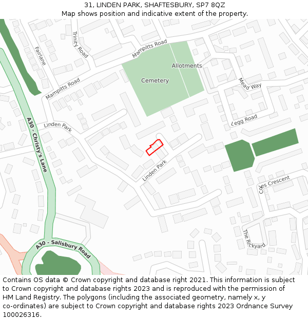 31, LINDEN PARK, SHAFTESBURY, SP7 8QZ: Location map and indicative extent of plot