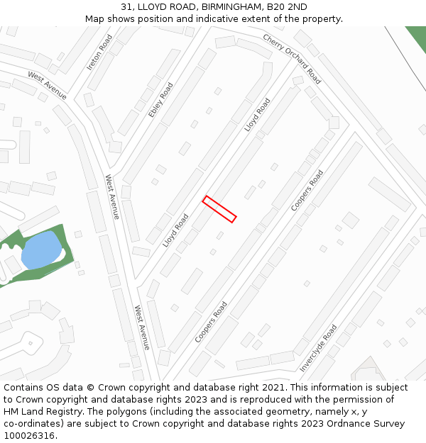 31, LLOYD ROAD, BIRMINGHAM, B20 2ND: Location map and indicative extent of plot