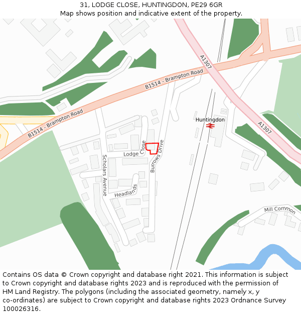 31, LODGE CLOSE, HUNTINGDON, PE29 6GR: Location map and indicative extent of plot