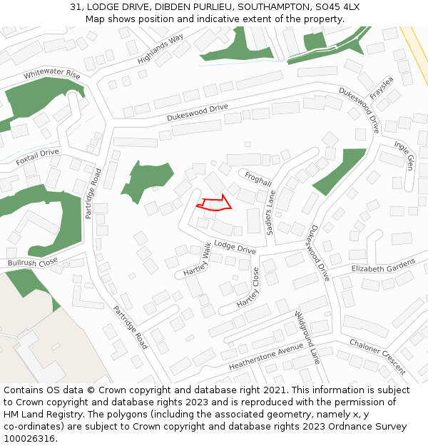 31, LODGE DRIVE, DIBDEN PURLIEU, SOUTHAMPTON, SO45 4LX: Location map and indicative extent of plot