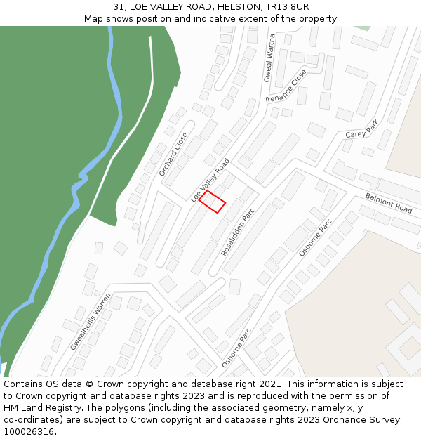 31, LOE VALLEY ROAD, HELSTON, TR13 8UR: Location map and indicative extent of plot