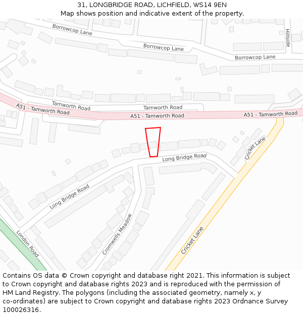 31, LONGBRIDGE ROAD, LICHFIELD, WS14 9EN: Location map and indicative extent of plot