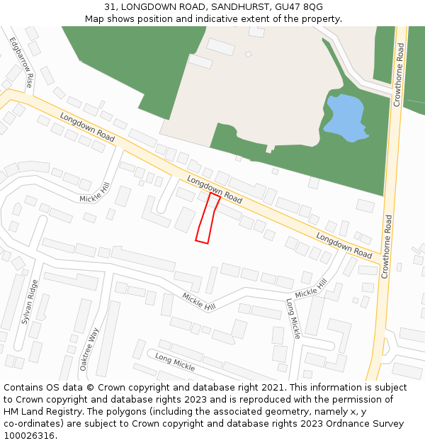 31, LONGDOWN ROAD, SANDHURST, GU47 8QG: Location map and indicative extent of plot