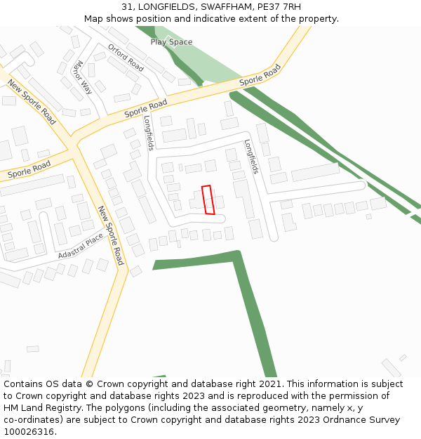 31, LONGFIELDS, SWAFFHAM, PE37 7RH: Location map and indicative extent of plot