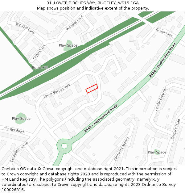 31, LOWER BIRCHES WAY, RUGELEY, WS15 1GA: Location map and indicative extent of plot