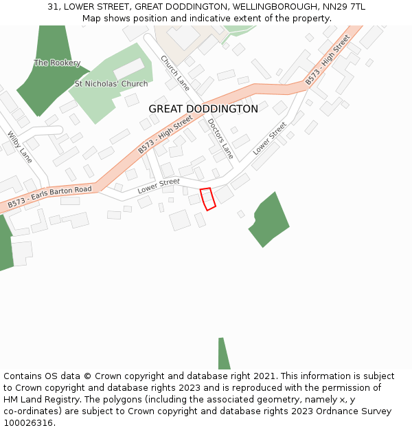 31, LOWER STREET, GREAT DODDINGTON, WELLINGBOROUGH, NN29 7TL: Location map and indicative extent of plot