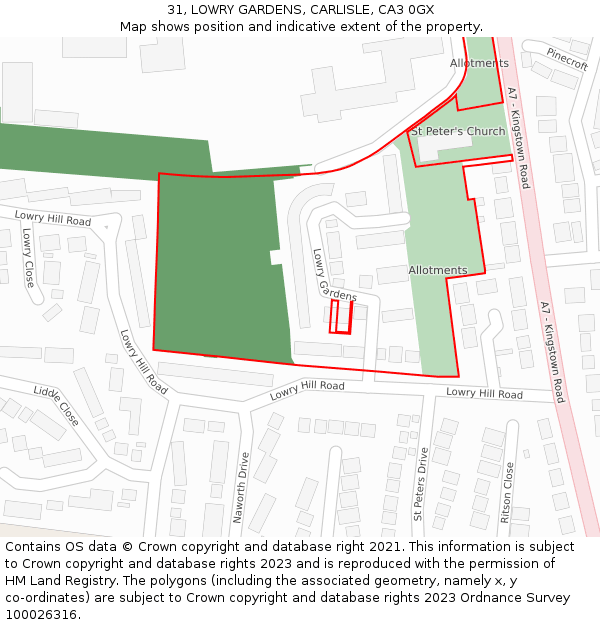 31, LOWRY GARDENS, CARLISLE, CA3 0GX: Location map and indicative extent of plot