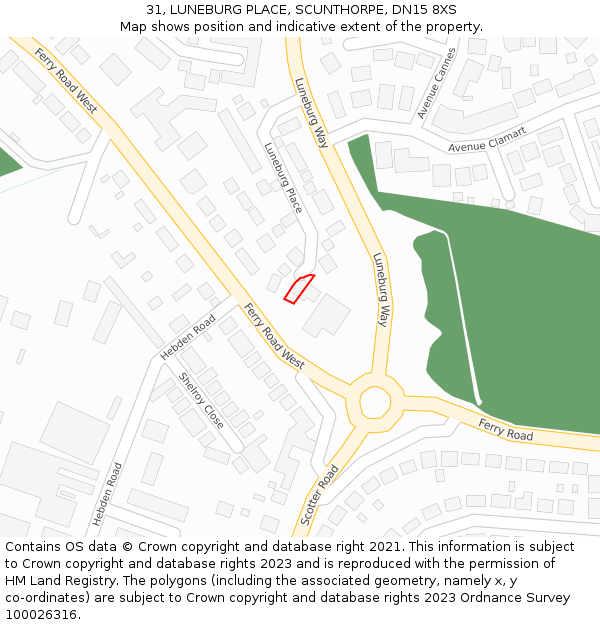 31, LUNEBURG PLACE, SCUNTHORPE, DN15 8XS: Location map and indicative extent of plot