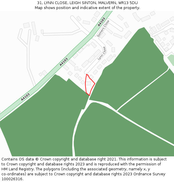 31, LYNN CLOSE, LEIGH SINTON, MALVERN, WR13 5DU: Location map and indicative extent of plot