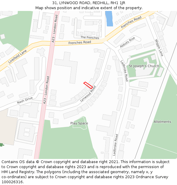 31, LYNWOOD ROAD, REDHILL, RH1 1JR: Location map and indicative extent of plot