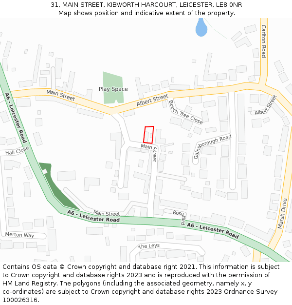 31, MAIN STREET, KIBWORTH HARCOURT, LEICESTER, LE8 0NR: Location map and indicative extent of plot
