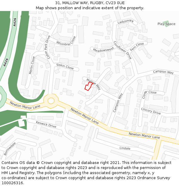 31, MALLOW WAY, RUGBY, CV23 0UE: Location map and indicative extent of plot