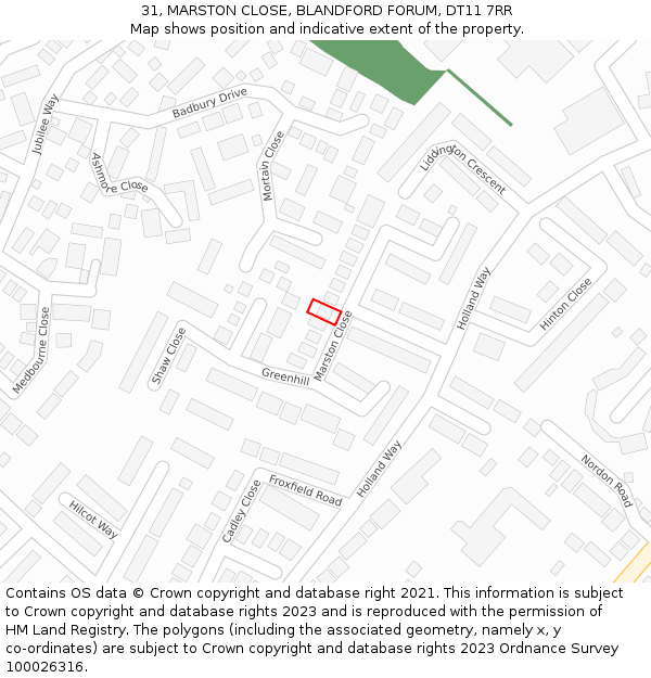 31, MARSTON CLOSE, BLANDFORD FORUM, DT11 7RR: Location map and indicative extent of plot