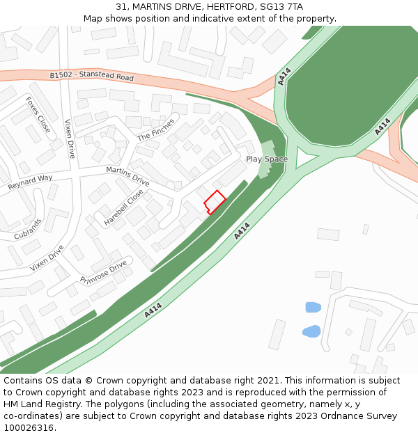 31, MARTINS DRIVE, HERTFORD, SG13 7TA: Location map and indicative extent of plot