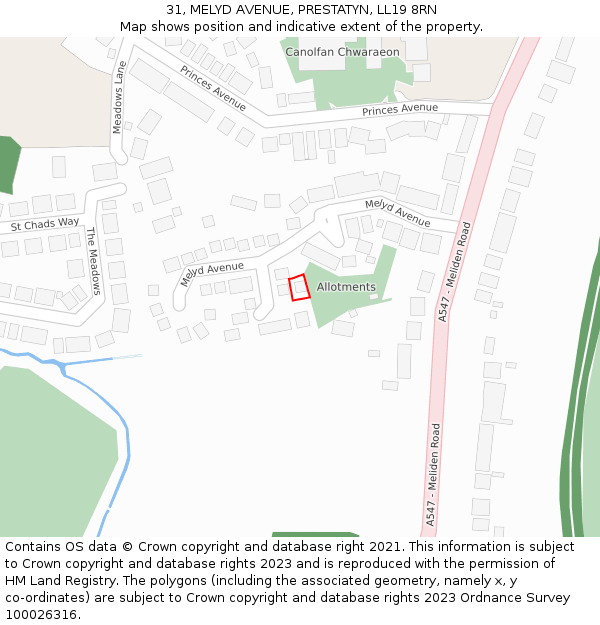 31, MELYD AVENUE, PRESTATYN, LL19 8RN: Location map and indicative extent of plot