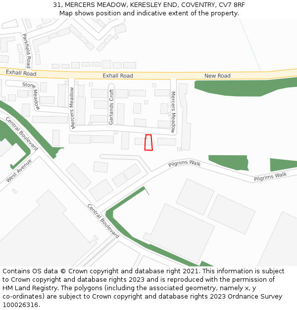 31, MERCERS MEADOW, KERESLEY END, COVENTRY, CV7 8RF: Location map and indicative extent of plot