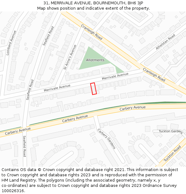 31, MERRIVALE AVENUE, BOURNEMOUTH, BH6 3JP: Location map and indicative extent of plot
