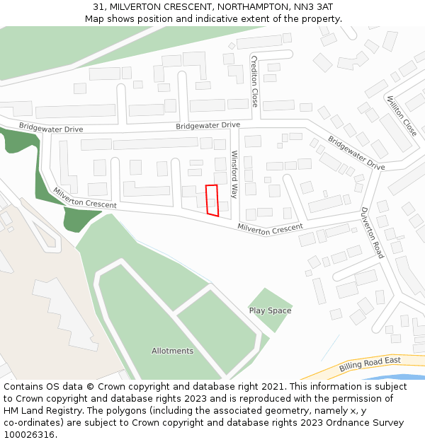 31, MILVERTON CRESCENT, NORTHAMPTON, NN3 3AT: Location map and indicative extent of plot