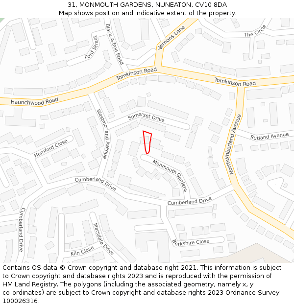 31, MONMOUTH GARDENS, NUNEATON, CV10 8DA: Location map and indicative extent of plot