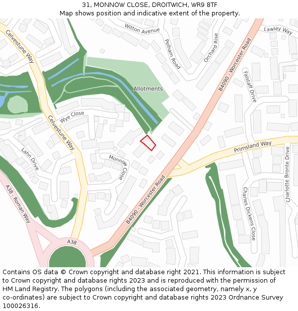 31, MONNOW CLOSE, DROITWICH, WR9 8TF: Location map and indicative extent of plot