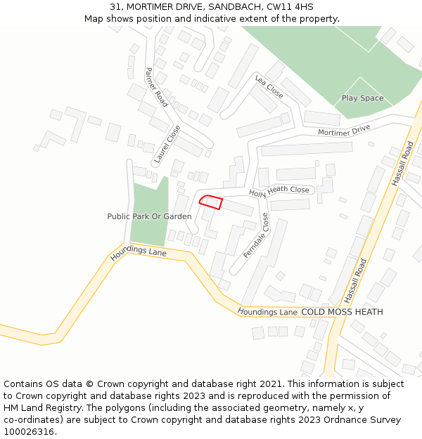 31, MORTIMER DRIVE, SANDBACH, CW11 4HS: Location map and indicative extent of plot