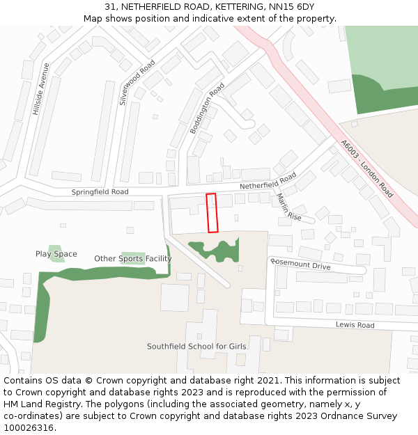 31, NETHERFIELD ROAD, KETTERING, NN15 6DY: Location map and indicative extent of plot