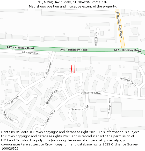 31, NEWQUAY CLOSE, NUNEATON, CV11 6FH: Location map and indicative extent of plot