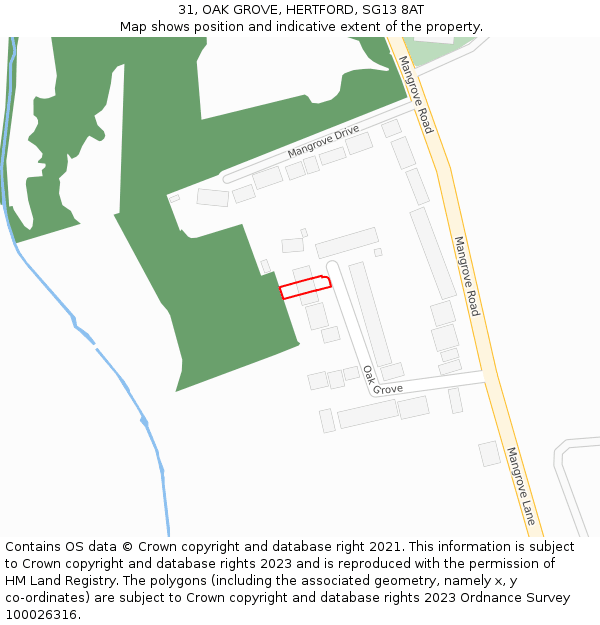 31, OAK GROVE, HERTFORD, SG13 8AT: Location map and indicative extent of plot