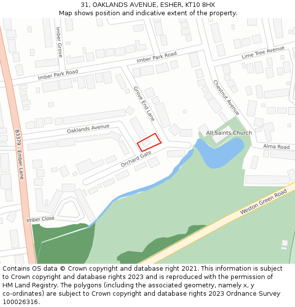 31, OAKLANDS AVENUE, ESHER, KT10 8HX: Location map and indicative extent of plot