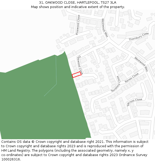 31, OAKWOOD CLOSE, HARTLEPOOL, TS27 3LA: Location map and indicative extent of plot