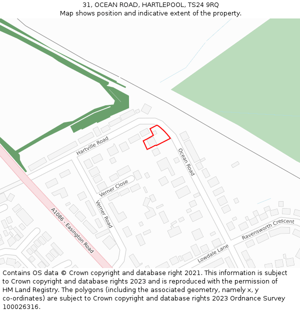 31, OCEAN ROAD, HARTLEPOOL, TS24 9RQ: Location map and indicative extent of plot