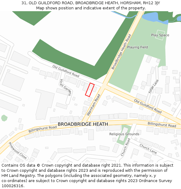 31, OLD GUILDFORD ROAD, BROADBRIDGE HEATH, HORSHAM, RH12 3JY: Location map and indicative extent of plot