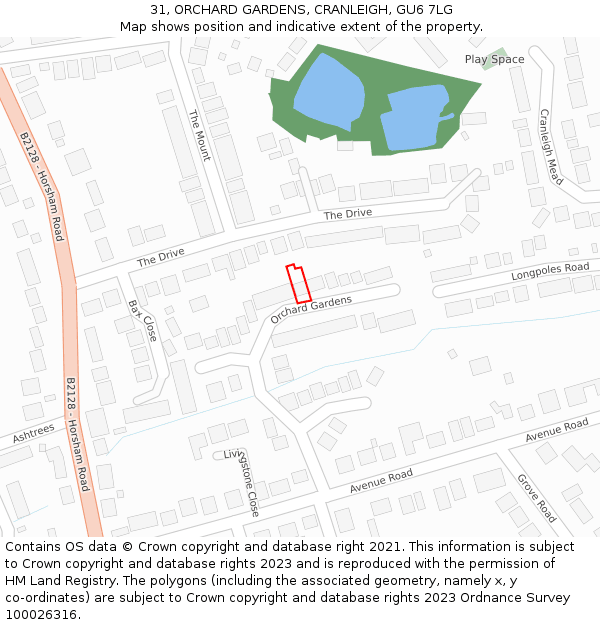 31, ORCHARD GARDENS, CRANLEIGH, GU6 7LG: Location map and indicative extent of plot